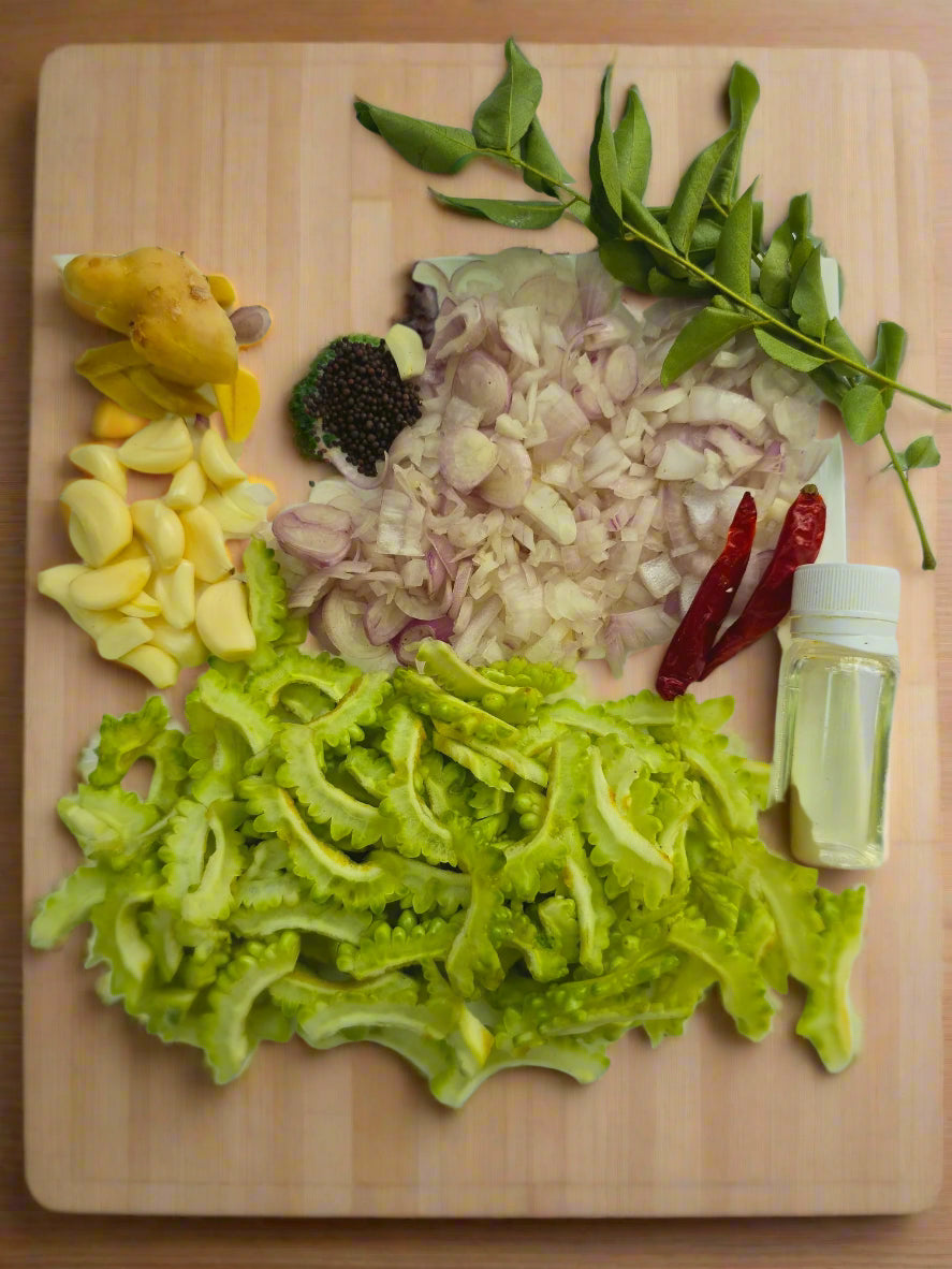 Fresh Pavakka Mezhukkuperatty Cut Vegetables  with all ingredients- Ready To Cook - (4 Pax) - Q130