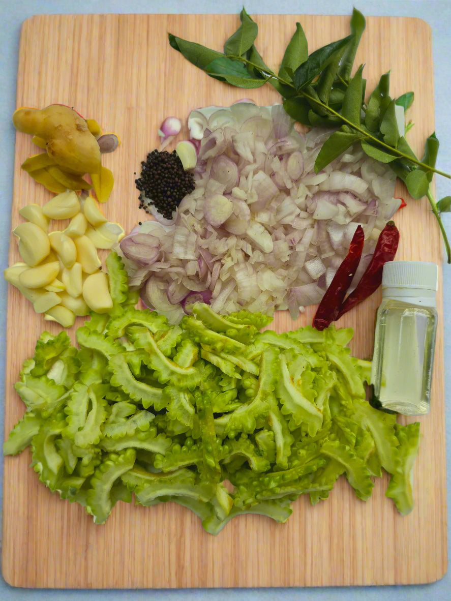 Fresh Pavakka Mezhukkuperatty Cut Vegetables  with all ingredients- Ready To Cook - (4 Pax) - Q130
